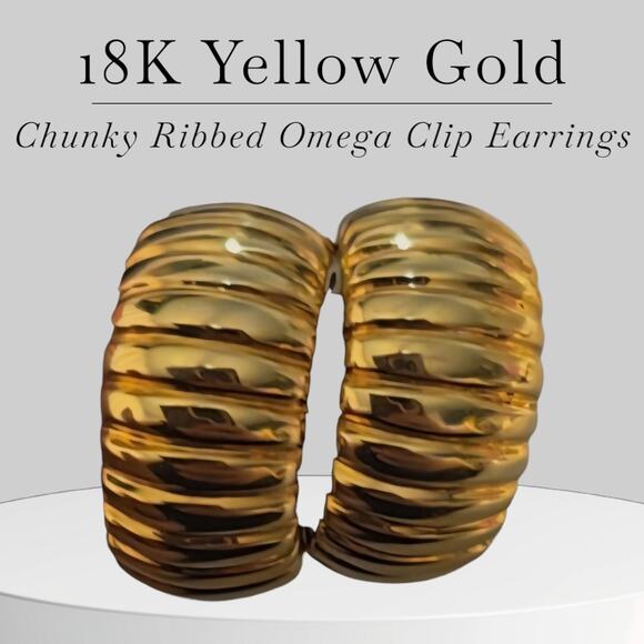 18K Solid Yellow Gold Omega Clip Back Post Hoop Earrings READ DESCRIPTION!! - Picture 1 of 16